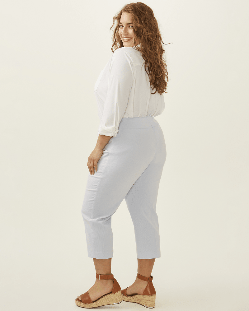 Plus Size Light Blue White Kieryn Relaxed Seersucker Capri Pant